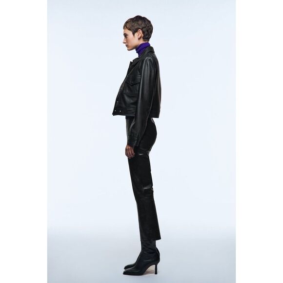 Black Zara 100% Leather High Waisted Cropped Bootcut Kick Flare Pants (NWT) - Picture 4 of 9